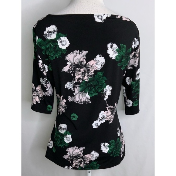Carmen Marc Valvo Black Green White Floral 1/2 Sleeve Stretchy Blouse M - Picture 4 of 10